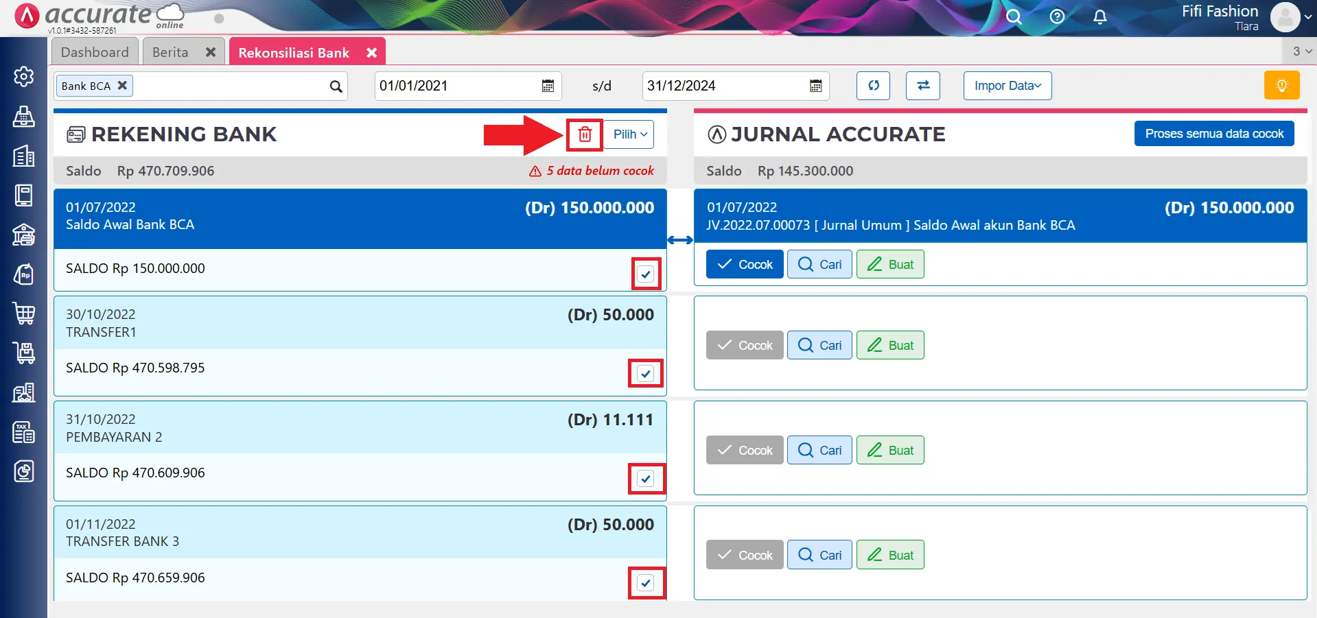 menghapus mutasi bank secara massal